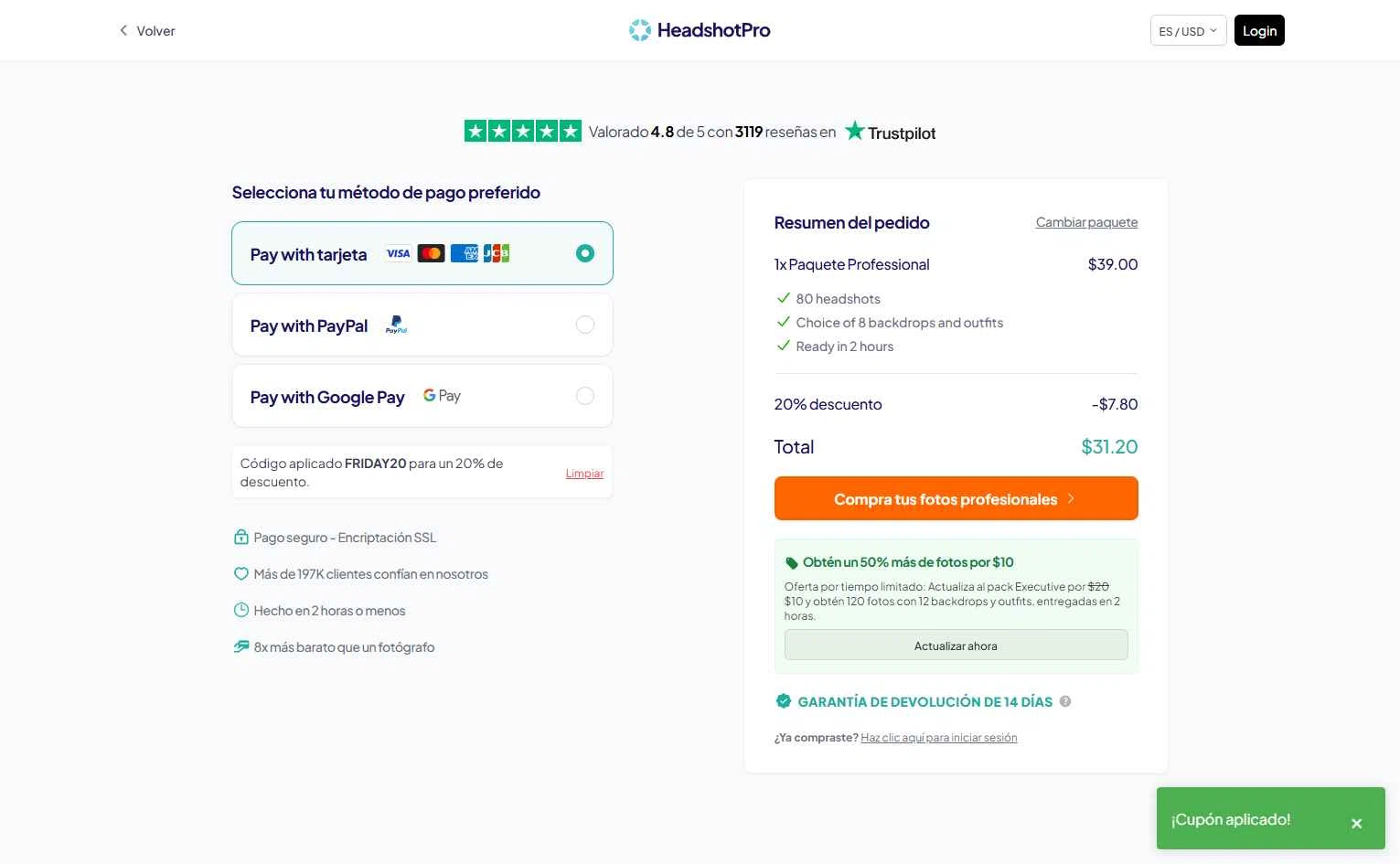 HeadshotPro checkout page showing HeadshotPro promo code box | Screenshot taken by SimplyCodes community member on Nov 3, 2025