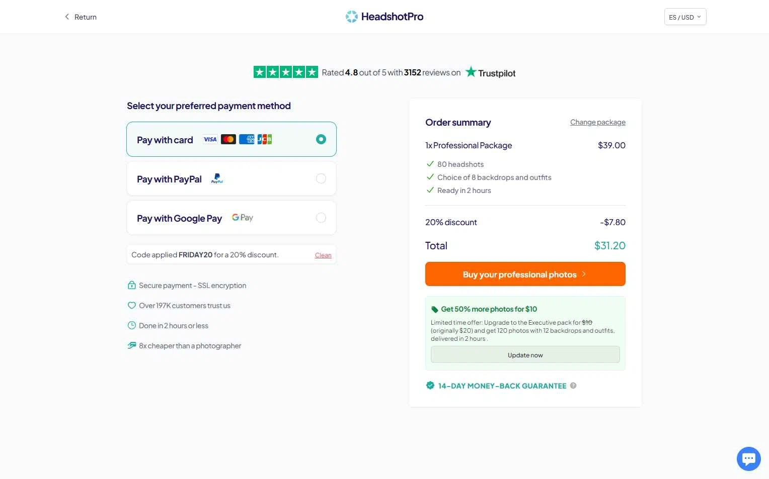 HeadshotPro checkout page showing HeadshotPro promo code box | Screenshot taken by SimplyCodes community member on Nov 22, 2025