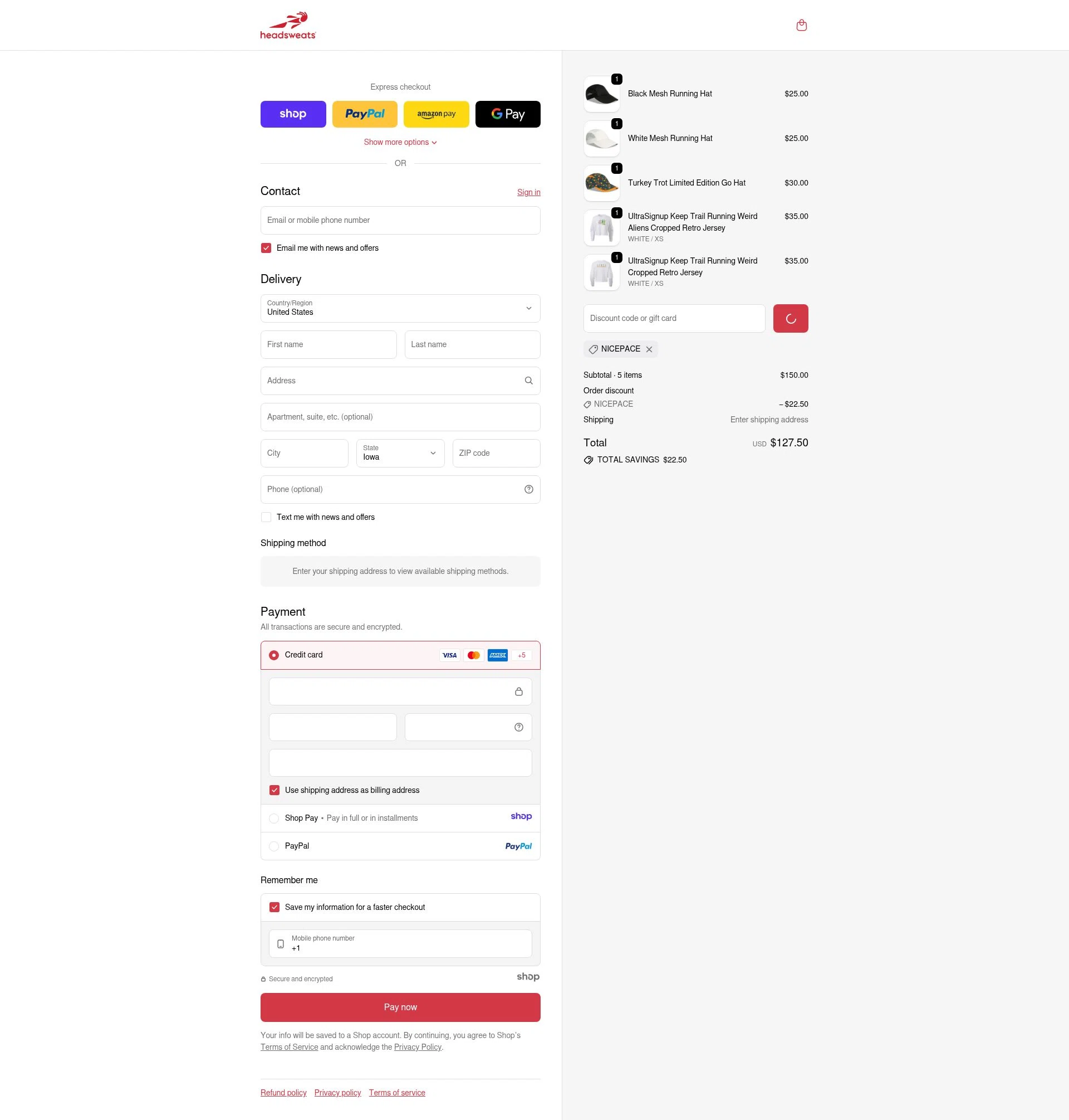 Headsweats checkout page showing Headsweats promo code box | Screenshot taken by SimplyCodes community member on Dec 29, 2025