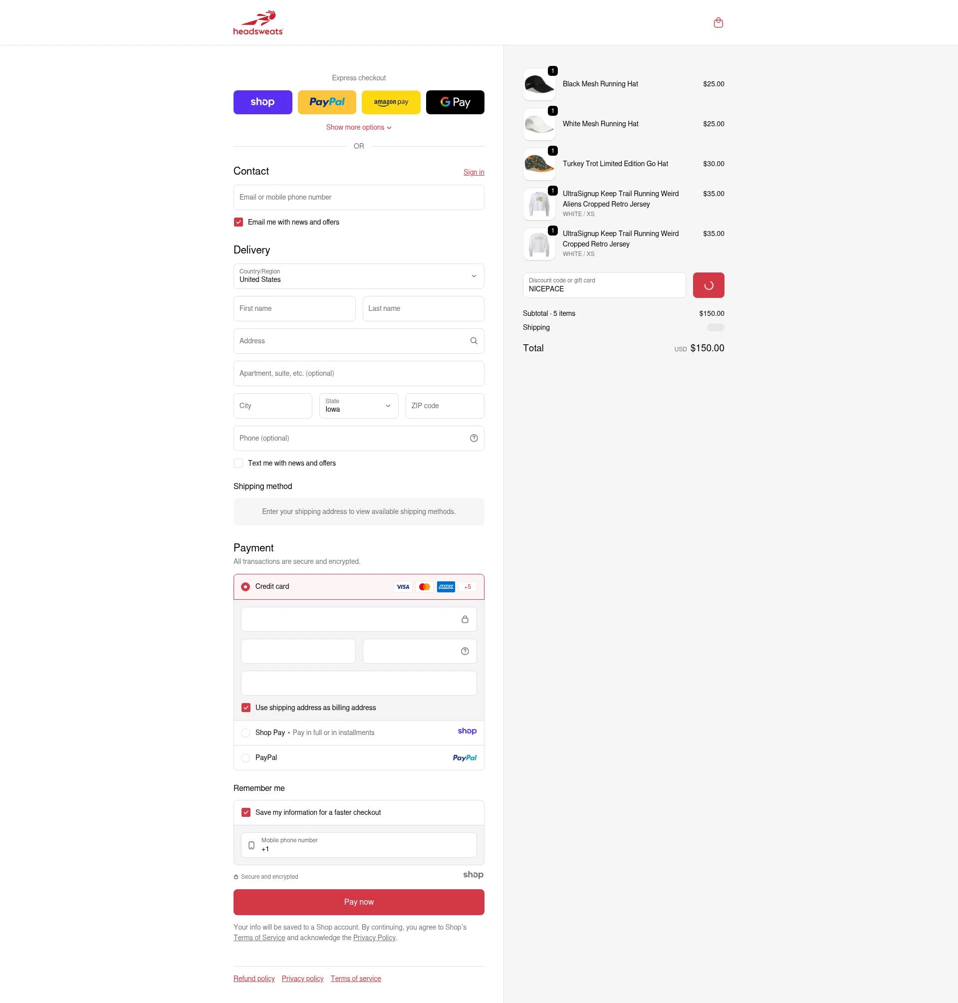 Headsweats checkout page showing Headsweats promo code box | Screenshot taken by SimplyCodes community member on Dec 18, 2025