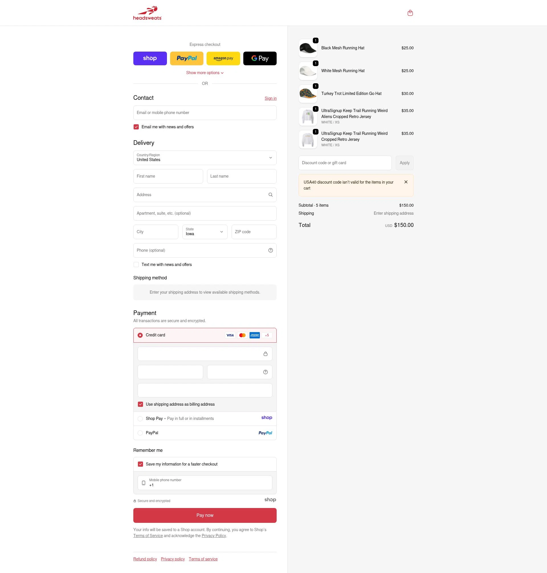 Headsweats checkout page showing Headsweats promo code box | Screenshot taken by SimplyCodes community member on Dec 29, 2025