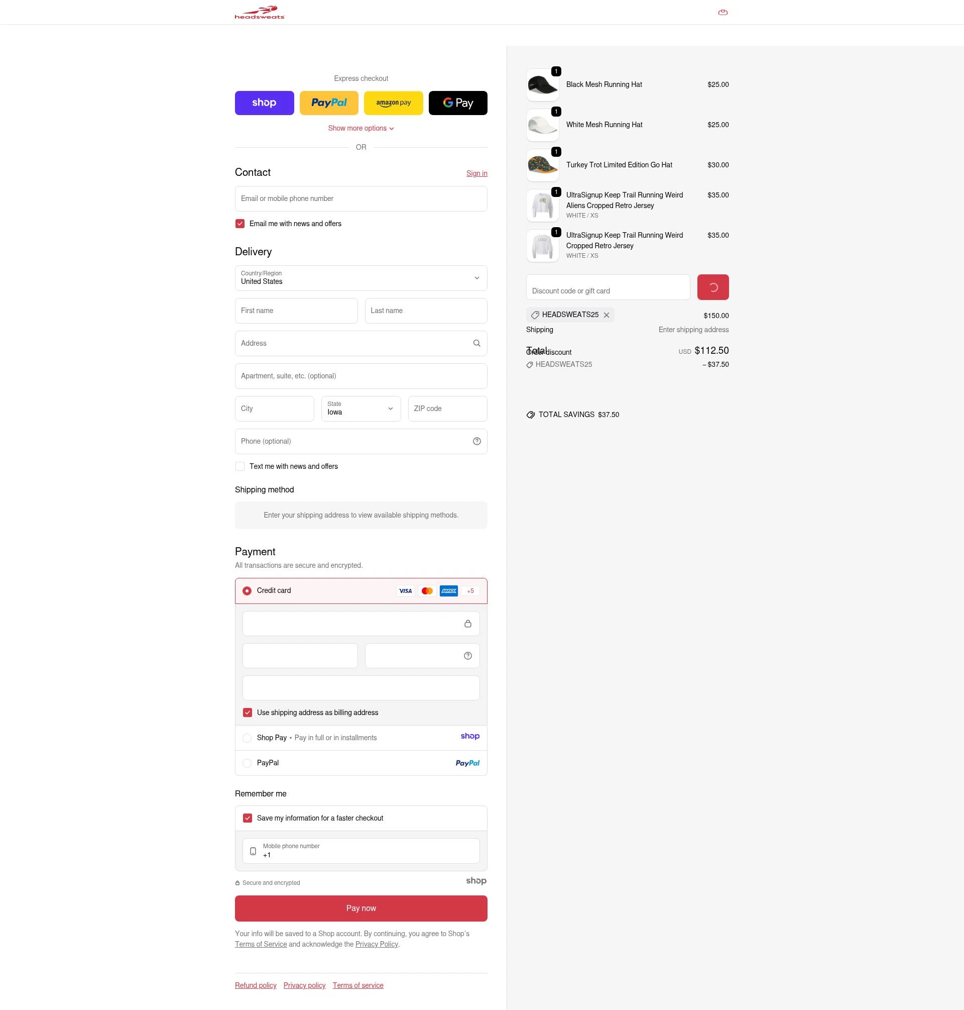 Headsweats checkout page showing Headsweats promo code box | Screenshot taken by SimplyCodes community member on Dec 29, 2025