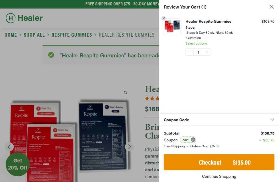 Healer CBD checkout page showing Healer CBD promo code box | Screenshot taken by SimplyCodes community member on Jan 13, 2026