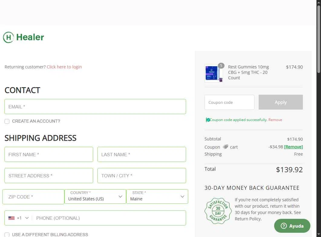 Healer CBD checkout page showing Healer CBD promo code box | Screenshot taken by SimplyCodes community member on Nov 16, 2025
