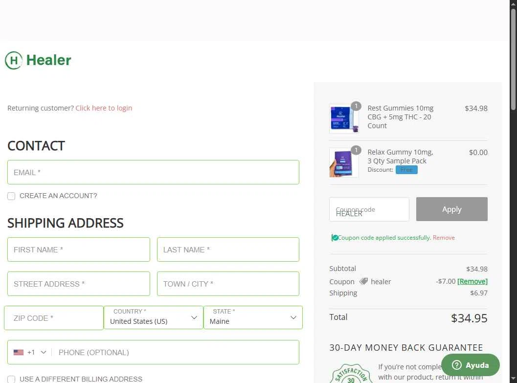 Healer CBD checkout page showing Healer CBD promo code box | Screenshot taken by SimplyCodes community member on Jan 14, 2026