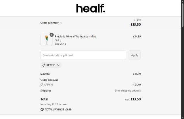 healf checkout page showing healf discount code box | Screenshot taken by SimplyCodes community member on Aug 30, 2025