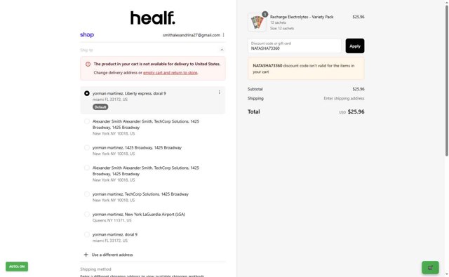 healf checkout page showing healf discount code box | Screenshot taken by SimplyCodes community member on Sep 3, 2025