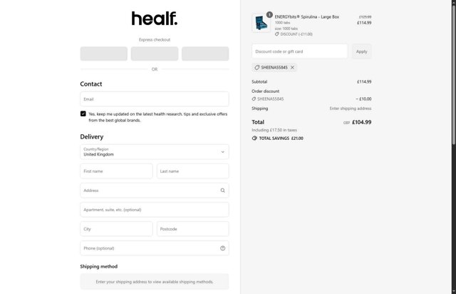 healf checkout page showing healf discount code box | Screenshot taken by SimplyCodes community member on Sep 5, 2025