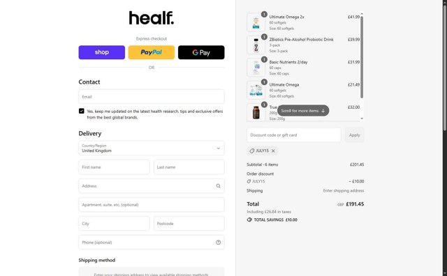 healf checkout page showing healf discount code box | Screenshot taken by SimplyCodes community member on Sep 2, 2025