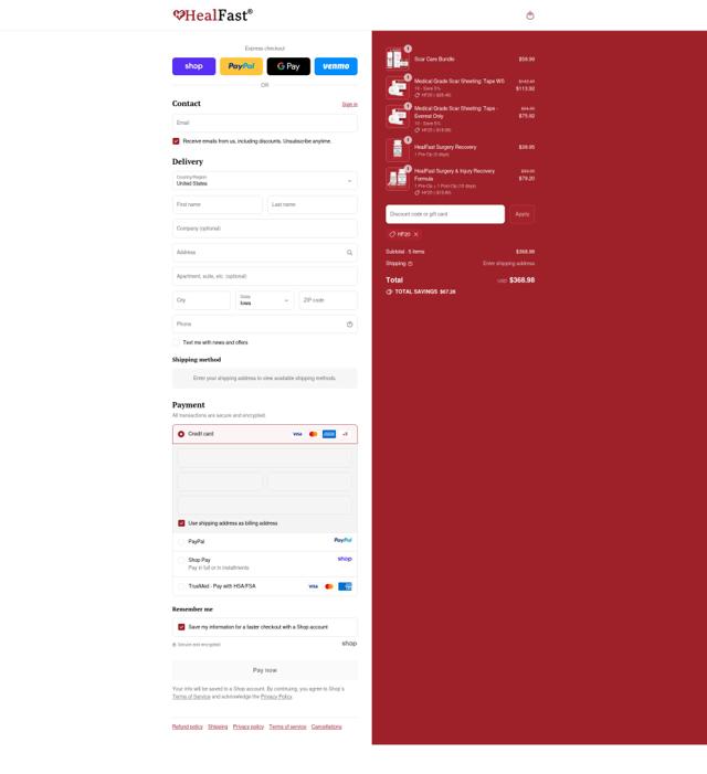HealFast checkout page showing HealFast promo code box | Screenshot taken by SimplyCodes community member on Sep 12, 2025