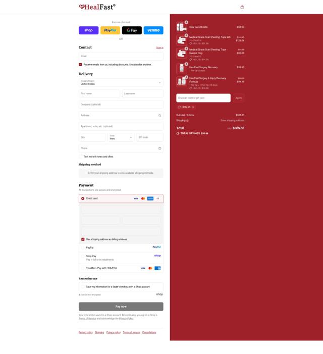 HealFast checkout page showing HealFast promo code box | Screenshot taken by SimplyCodes community member on Sep 12, 2025