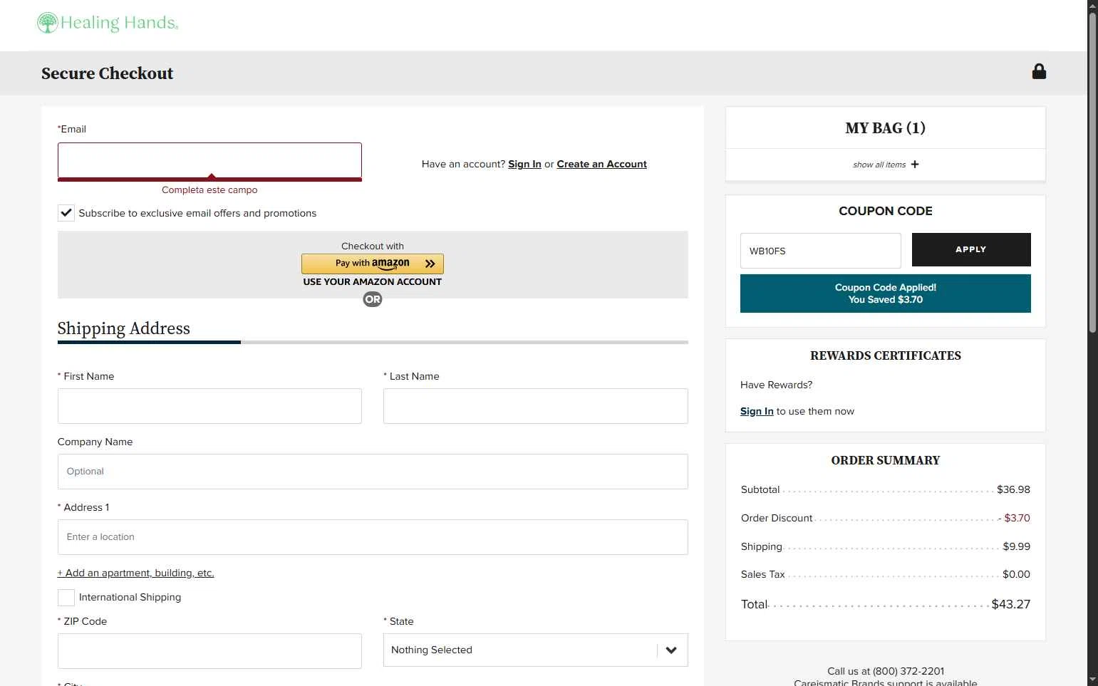 Healing Hands Scrubs checkout page showing Healing Hands Scrubs coupon code box | Screenshot taken by SimplyCodes community member on Feb 17, 2026