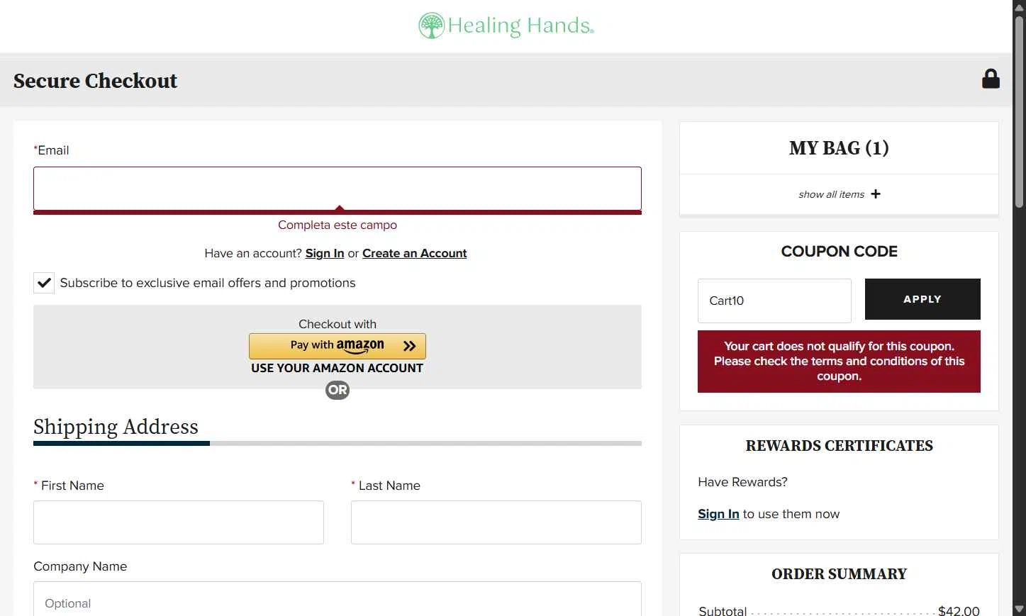 Healing Hands Scrubs checkout page showing Healing Hands Scrubs coupon code box | Screenshot taken by SimplyCodes community member on Feb 12, 2026