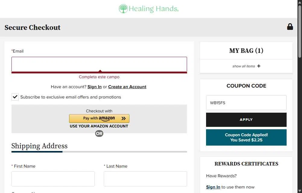 Healing Hands Scrubs checkout page showing Healing Hands Scrubs coupon code box | Screenshot taken by SimplyCodes community member on Jan 25, 2026