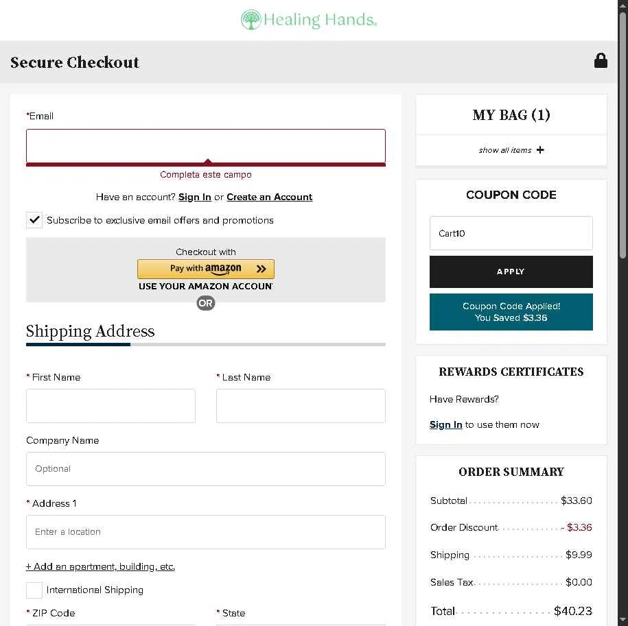 Healing Hands Scrubs checkout page showing Healing Hands Scrubs coupon code box | Screenshot taken by SimplyCodes community member on Jan 14, 2026