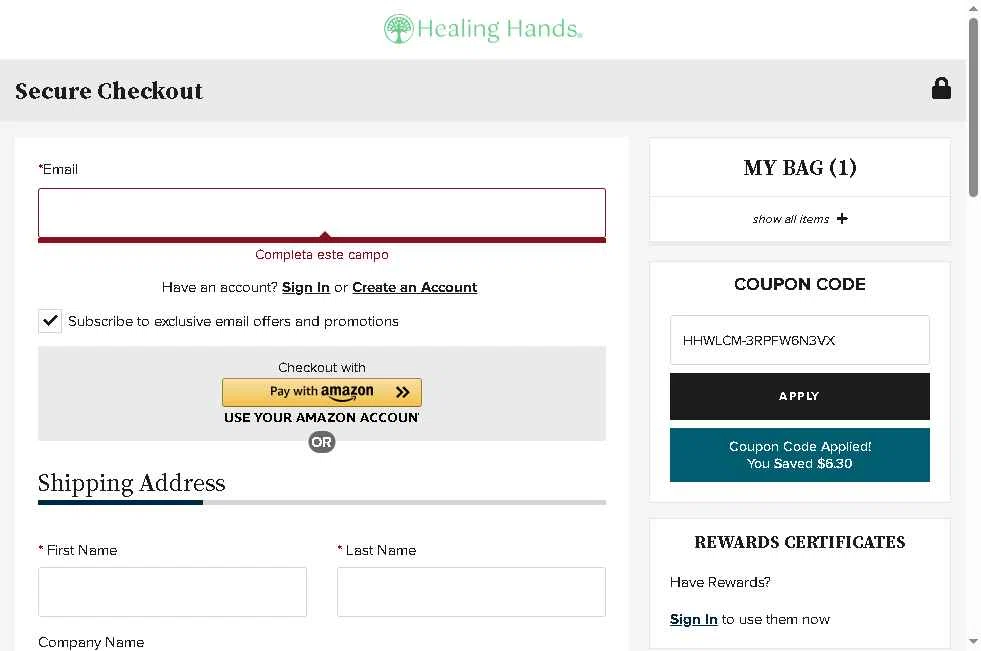 Healing Hands Scrubs checkout page showing Healing Hands Scrubs coupon code box | Screenshot taken by SimplyCodes community member on Feb 2, 2026