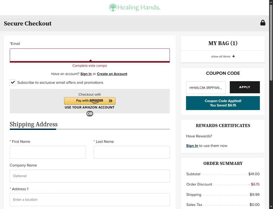 Healing Hands Scrubs checkout page showing Healing Hands Scrubs coupon code box | Screenshot taken by SimplyCodes community member on Feb 2, 2026