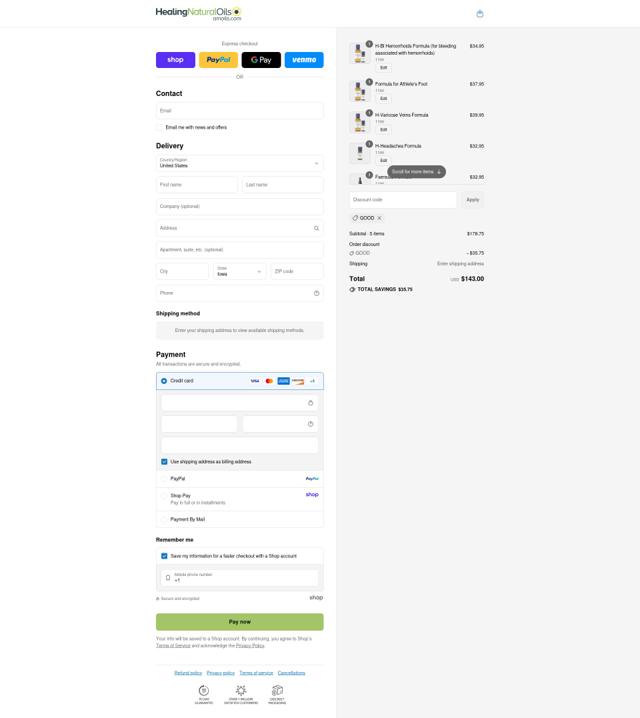 Healing Natural Oils checkout page showing Healing Natural Oils coupon code box | Screenshot taken by SimplyCodes community member on Aug 29, 2025