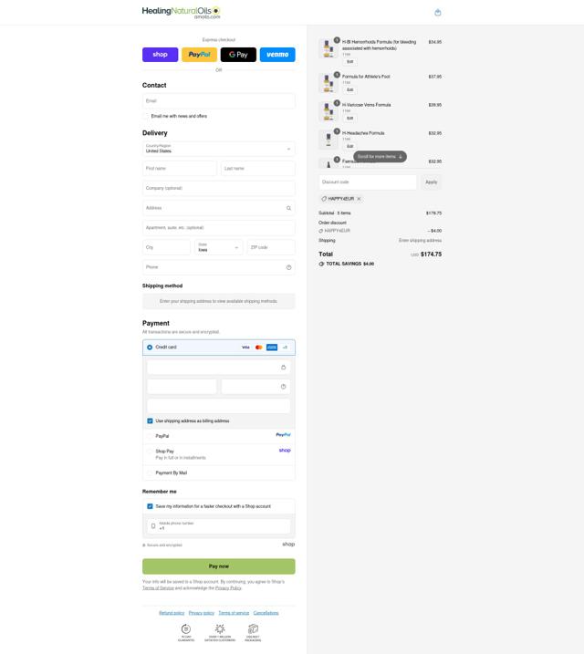 Healing Natural Oils checkout page showing Healing Natural Oils coupon code box | Screenshot taken by SimplyCodes community member on Sep 11, 2025