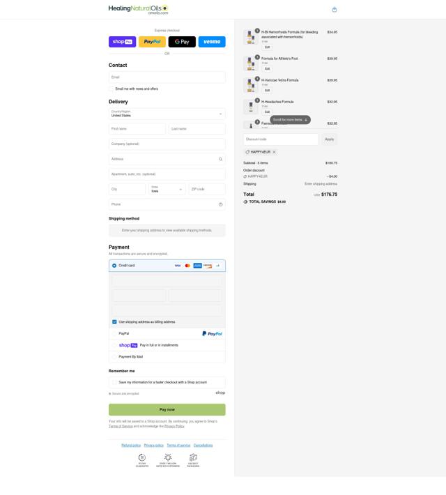 Healing Natural Oils checkout page showing Healing Natural Oils coupon code box | Screenshot taken by SimplyCodes community member on Aug 12, 2025