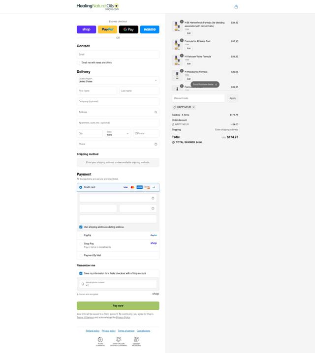 Healing Natural Oils checkout page showing Healing Natural Oils coupon code box | Screenshot taken by SimplyCodes community member on Sep 3, 2025