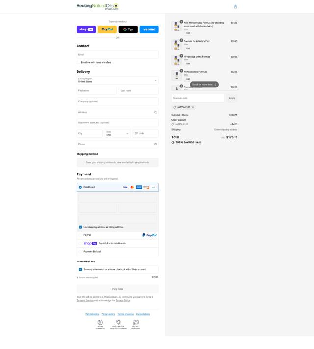Healing Natural Oils checkout page showing Healing Natural Oils coupon code box | Screenshot taken by SimplyCodes community member on Aug 8, 2025