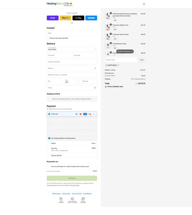 Healing Natural Oils checkout page showing Healing Natural Oils coupon code box | Screenshot taken by SimplyCodes community member on Aug 29, 2025