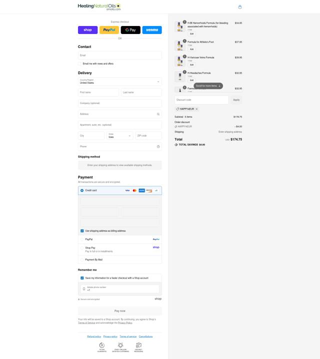 Healing Natural Oils checkout page showing Healing Natural Oils coupon code box | Screenshot taken by SimplyCodes community member on Sep 7, 2025