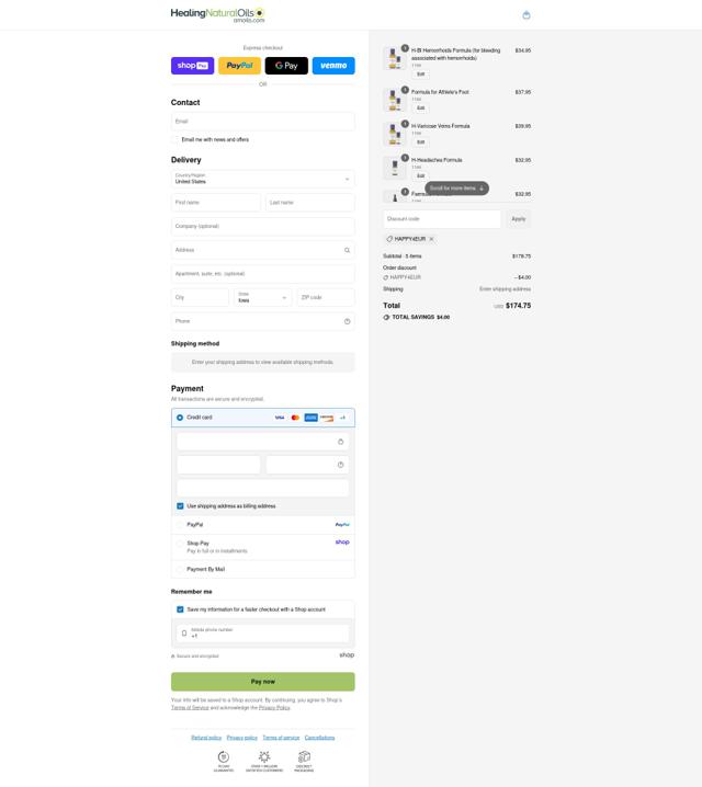 Healing Natural Oils checkout page showing Healing Natural Oils coupon code box | Screenshot taken by SimplyCodes community member on Aug 25, 2025