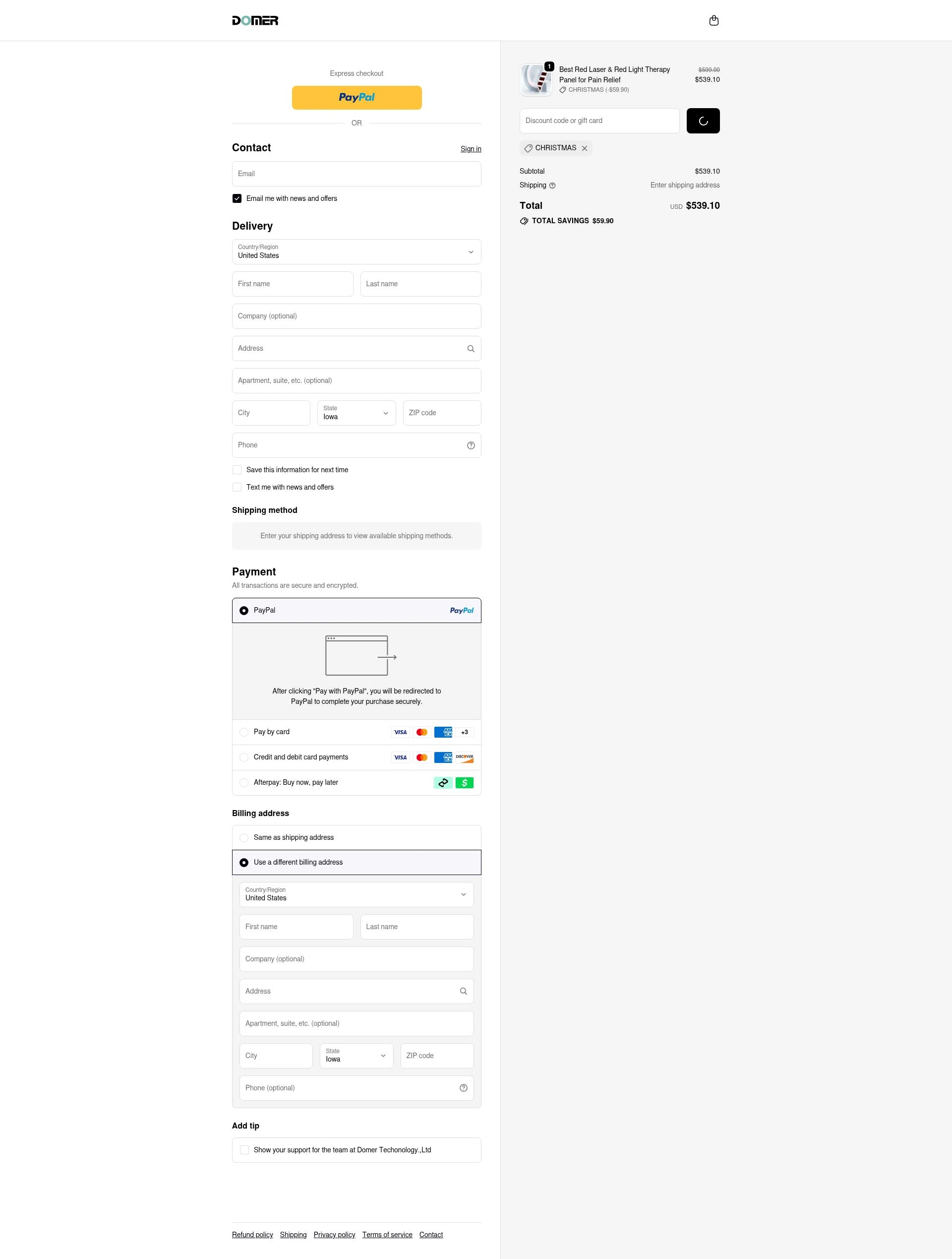 Domer Laser checkout page showing Domer Laser promo code box | Screenshot taken by SimplyCodes community member on Jan 3, 2026