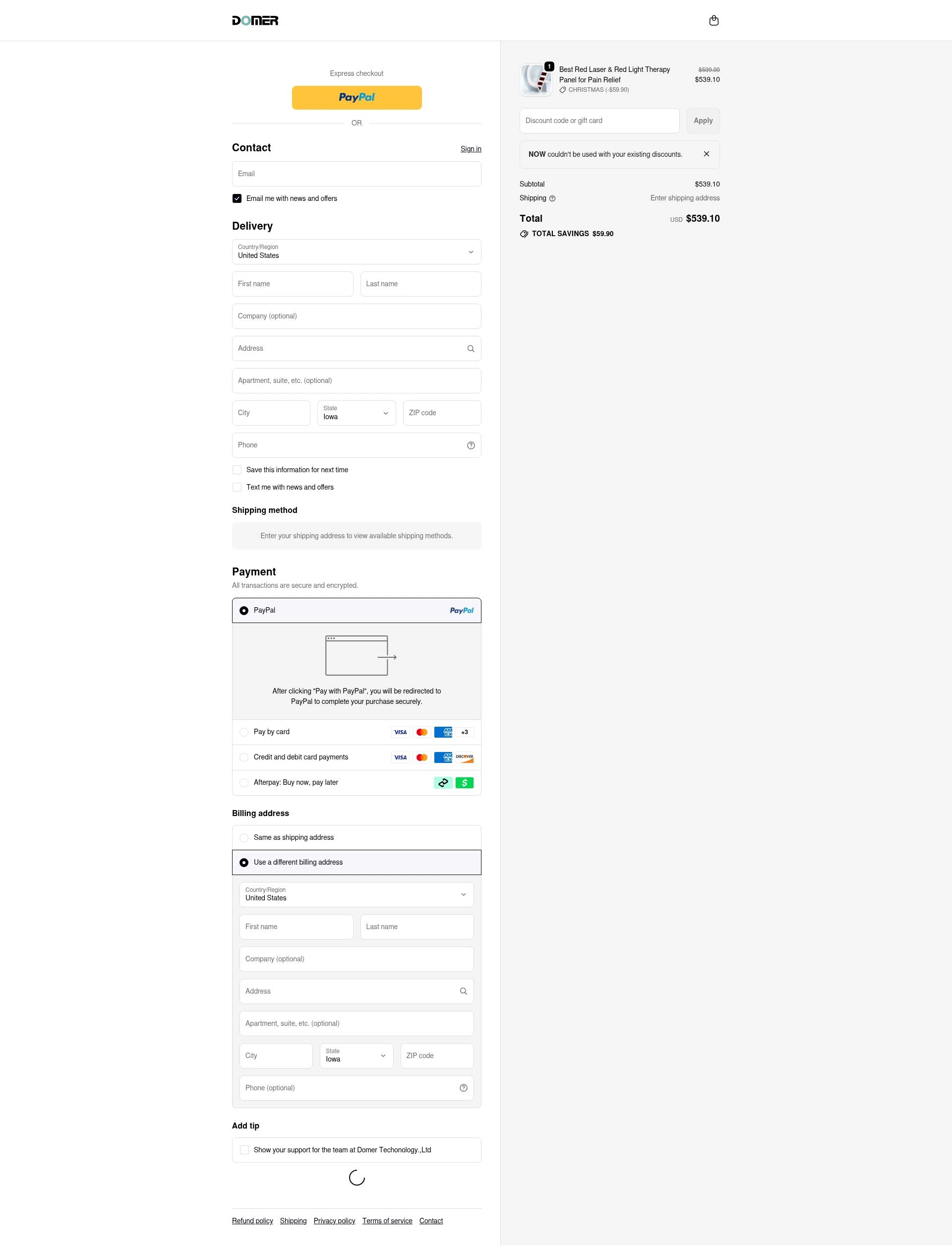 Domer Laser checkout page showing Domer Laser promo code box | Screenshot taken by SimplyCodes community member on Dec 24, 2025