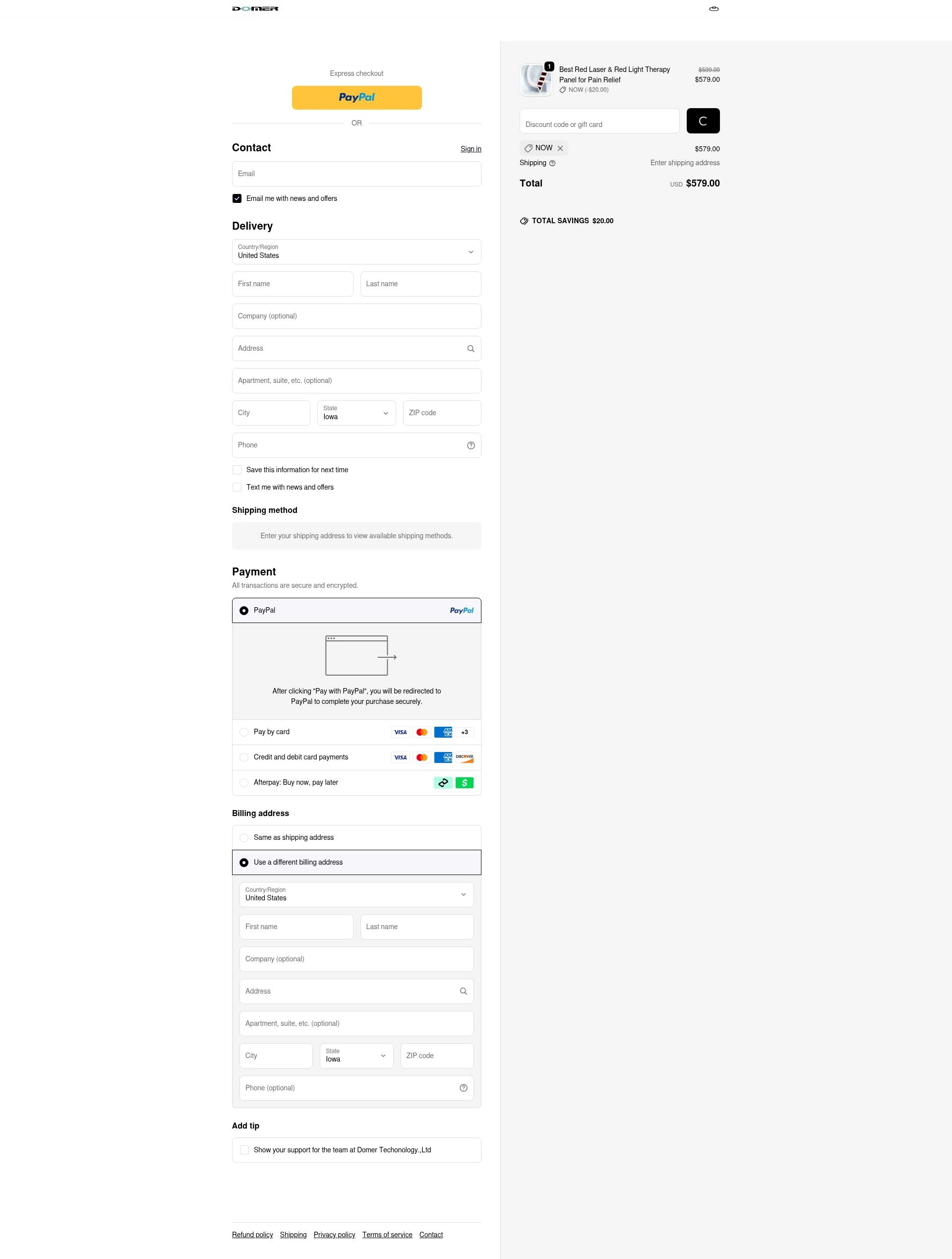 Domer Laser checkout page showing Domer Laser promo code box | Screenshot taken by SimplyCodes community member on Dec 29, 2025