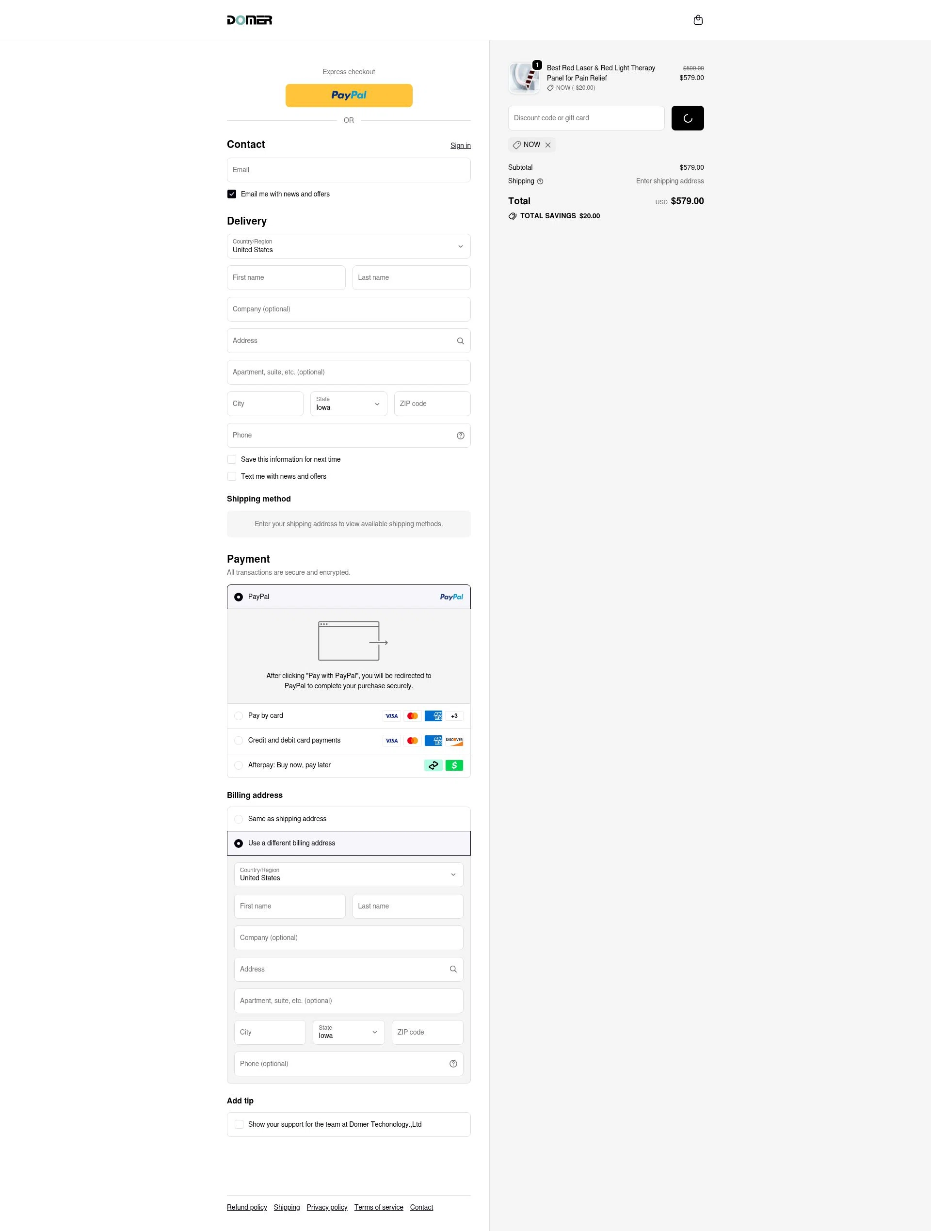Domer Laser checkout page showing Domer Laser promo code box | Screenshot taken by SimplyCodes community member on Jan 3, 2026