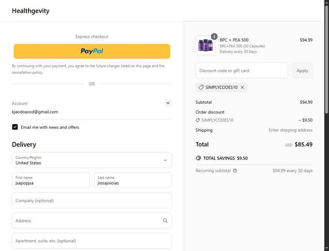 Healthgevity checkout page showing Healthgevity coupon code box | Screenshot taken by SimplyCodes community member on May 23, 2025