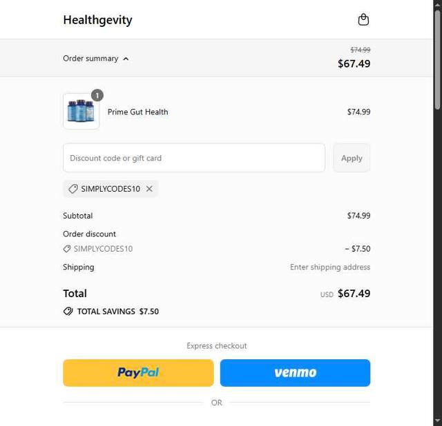 Healthgevity checkout page showing Healthgevity coupon code box | Screenshot taken by SimplyCodes community member on Jul 16, 2025