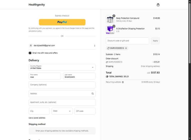 Healthgevity checkout page showing Healthgevity coupon code box | Screenshot taken by SimplyCodes community member on Aug 15, 2025