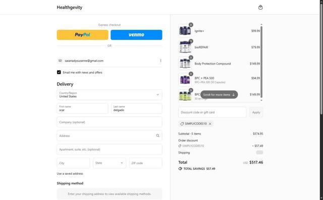 Healthgevity checkout page showing Healthgevity coupon code box | Screenshot taken by SimplyCodes community member on Aug 25, 2025