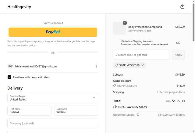Healthgevity checkout page showing Healthgevity coupon code box | Screenshot taken by SimplyCodes community member on Jul 31, 2025