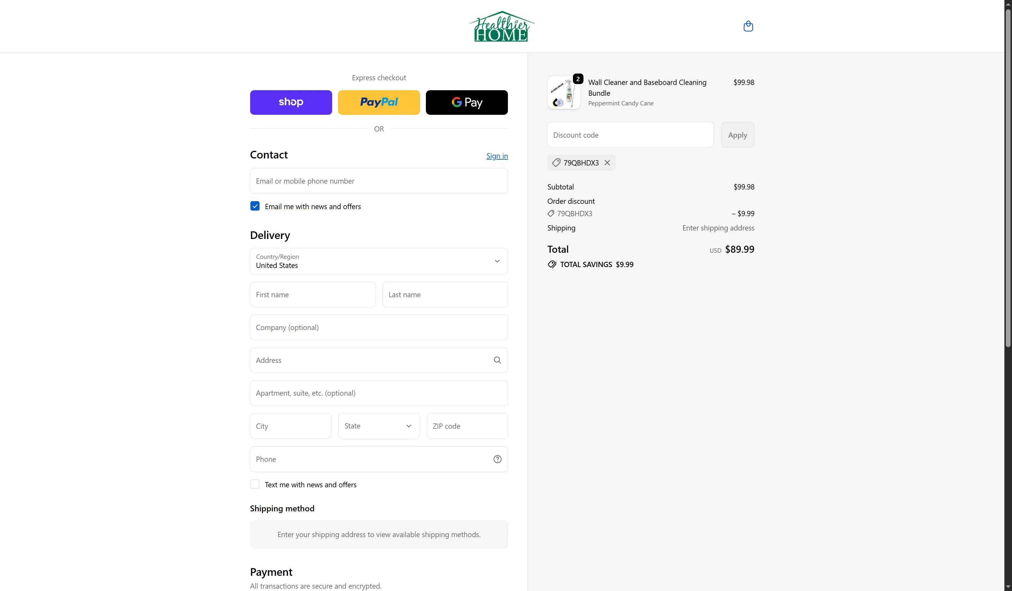 Healthier Home Products checkout page showing Healthier Home Products discount code box | Screenshot taken by SimplyCodes community member on Feb 3, 2026