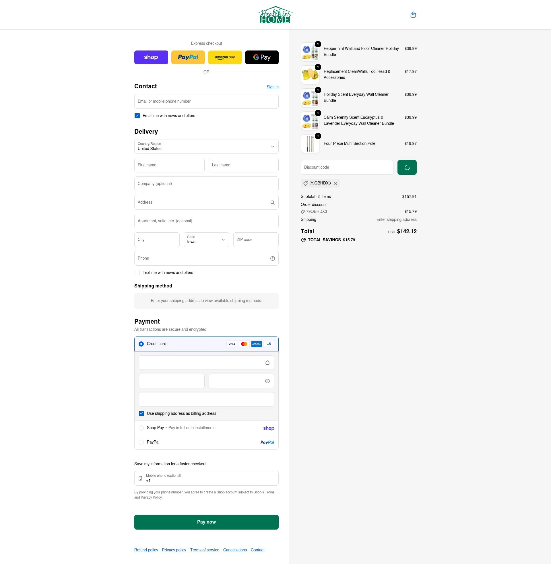 Healthier Home Products checkout page showing Healthier Home Products discount code box | Screenshot taken by SimplyCodes community member on Feb 3, 2026