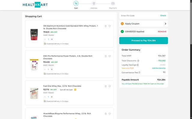 Healthkart checkout page showing Healthkart promo code box | Screenshot taken by SimplyCodes community member on Aug 2, 2025