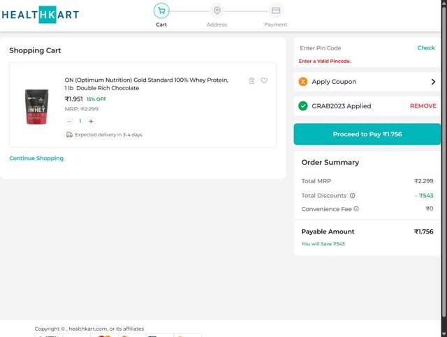 Healthkart checkout page showing Healthkart promo code box | Screenshot taken by SimplyCodes community member on Aug 31, 2025