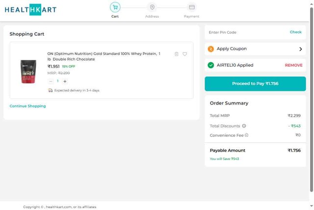 Healthkart checkout page showing Healthkart promo code box | Screenshot taken by SimplyCodes community member on Aug 8, 2025