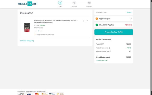Healthkart checkout page showing Healthkart promo code box | Screenshot taken by SimplyCodes community member on Aug 31, 2025