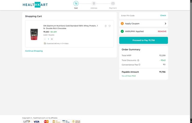 Healthkart checkout page showing Healthkart promo code box | Screenshot taken by SimplyCodes community member on Aug 16, 2025