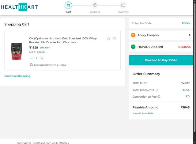 Healthkart checkout page showing Healthkart promo code box | Screenshot taken by SimplyCodes community member on Sep 8, 2025