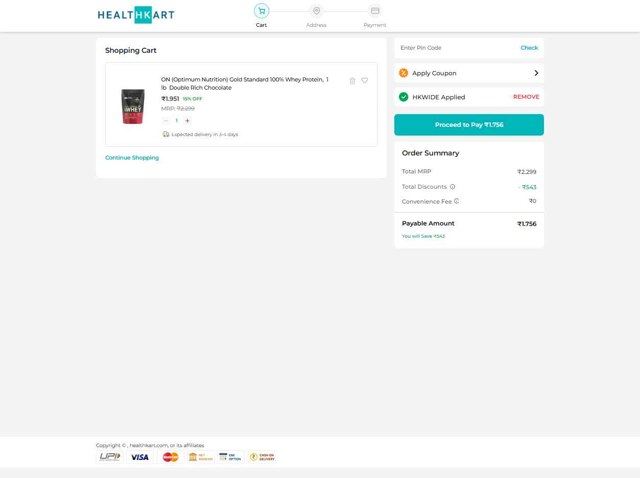 Healthkart checkout page showing Healthkart promo code box | Screenshot taken by SimplyCodes community member on Aug 16, 2025