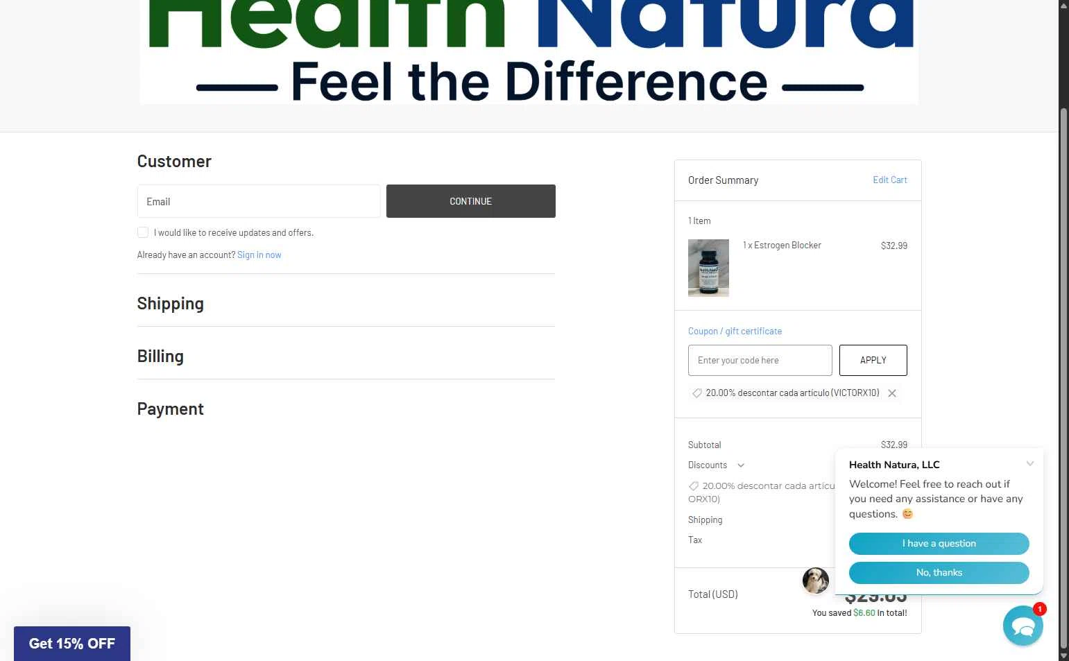 Health Natura checkout page showing Health Natura coupon code box | Screenshot taken by SimplyCodes community member on Feb 16, 2026