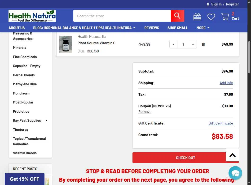 Health Natura checkout page showing Health Natura coupon code box | Screenshot taken by SimplyCodes community member on Jan 2, 2026