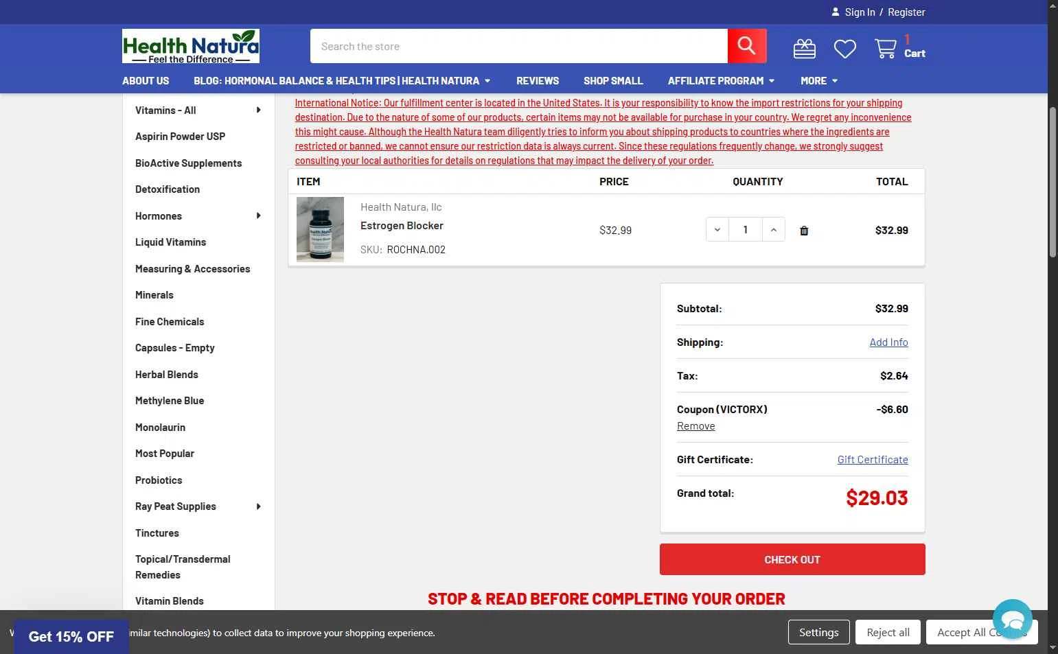 Health Natura checkout page showing Health Natura coupon code box | Screenshot taken by SimplyCodes community member on Feb 12, 2026